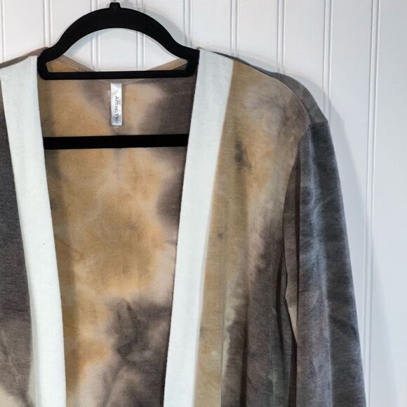 Open Front Tie Dyed Cardigan With Cream Trim Women Medium Brown Classic Workwear - Picture 5 of 10